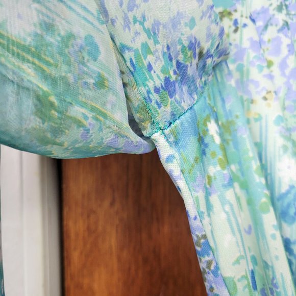 Vintage 70s Blue / Green Watercolor Floral Print Sheer Sleeve Dress - Picture 10 of 12